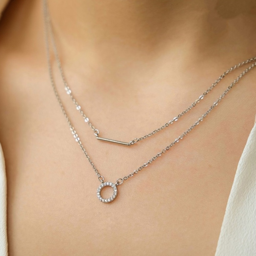 Zirconia Round Bar Dainty Layered Necklace| Sterling Silver Necklace